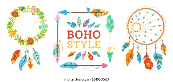 Boho style design element set. Square arrow frame for text. Dreamcatcher, feathers, floral wreath. Colorful ethnic talisman collection. Bohemian style, indian, hipster, tribal symbol american vector