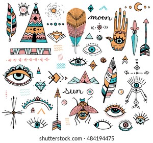 Boho Style Doodle Clip Art, Evil Eye, Hamsa, Hand Of Fatima, Bohemian Design Icons