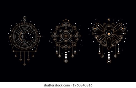 Boho Style Dream Catchers Set, Golden Ethnic Symbols with Feathers, Beads and Jewels Decorative Element d Vector Illustration