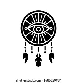 Boho style dreamcatcher with all seeing eye black glyph icon. Native American Indian mystic symbol. Ethnic handmade decor. Silhouette symbol on white space. Vector isolated illustration