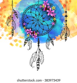 Boho Style Dreamcatcher, hand drawn vector illustration. Colorful grunge with tribal elements. 