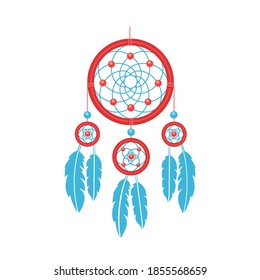 Boho style dreamcatcher icon. The mystical symbol of the American Indians. Dreamcatcher with mesh, beads and blue feathers. Isolated vector illustrations.