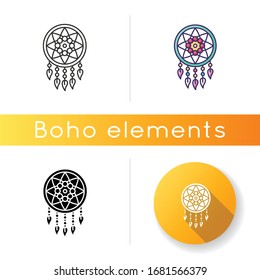 Boho style dreamcatcher icon. Native American Indian mystic symbol. Dream catcher with string net, beads and feathers. Linear black and RGB color styles. Isolated vector illustrations