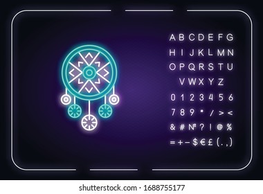 Boho style dreamcatcher neon light icon. Native American Indian dream catcher with charms. Outer glowing effect. Sign with alphabet, numbers and symbols. Vector isolated RGB color illustration