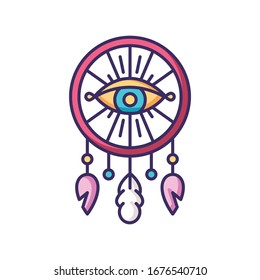 Boho style dreamcather with all seeing eye RGB color icon. Native American Indian mystic symbol. Dream catcher charm. Bohemian vintage accessory. Ethnic handmade decor. Isolated vector illustration