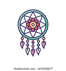Boho style dreamcather RGB color icon. Native American Indian mystic symbol. Dream catcher with string net, beads and feathers. Bohemian handmade accessory. Isolated vector illustration