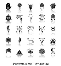 Boho style drop shadow black glyph icons set. Native American Indian amulets. Dreamcatcher ethnic charms. Esoteric symbols. Vintage pendant. Isolated vector illustrations on white space