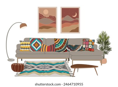 Boho style eclectic living room with couch covered in colorful pillows, floor lamp, potted plant, coffee table, rug. Cozy apartment with mid century modern furniture. Vector illustration isolated.