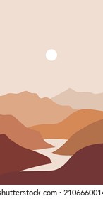 Mezcla ecléctica de colores, patrones y texturas al estilo boho. Resumen El paisaje de Terra en las montañas. Fondo minimalista. ilustración de vector plano. Arte paisajístico terrenal. 