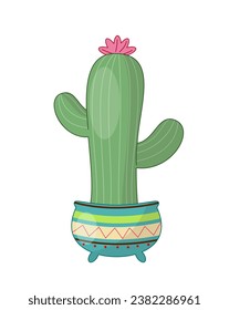 Boho style element. Abstract creativity and art. Cactus in colorful flowerpot with traditional ornament. Bloom and blossom plant. Cartoon flat vector illustration isolated on white background