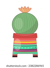 Boho style element. Abstract creativity and art. Cactus in colorful flowerpot with traditional ornament. Template and layout. Cartoon flat vector illustration isolated on white background