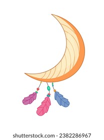 Boho style element. Abstract creativity and art. Crescent with colorful feathers with string. Graphic element for website. Cartoon flat vector illustration isolated on white background