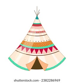 Boho style element. Abstract creativity and art. Tent with traditional patterns and decorations. Template and layout. Cartoon flat vector illustration isolated on white background