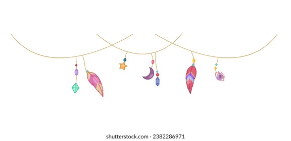 Boho style element. Abstract creativity and art. Colorful feathers with strings. Beauty, elegance and aesthetics. Poster or banner. Cartoon flat vector illustration isolated on white background