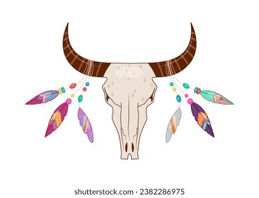 Boho style element. Abstract creativity and art. Skull of bull with colorful feathers. Sticker for social networks. Cartoon flat vector illustration isolated on white background