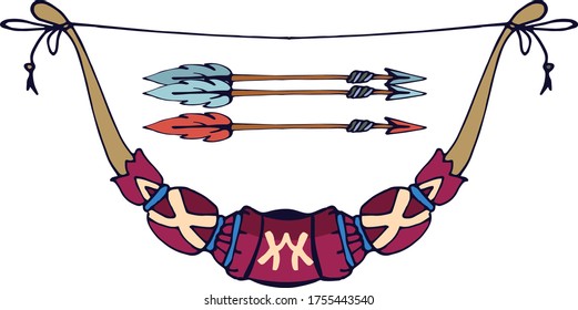 boho style, element of an idnian tribe, vector isolated illustration, colorful hand drawing, bow, arrow, cartoon, sign, symbol