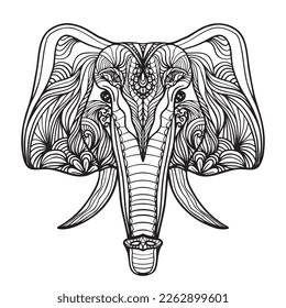 Boho style elephant face for t shirt design, print on products, tattoo, design element and adult or kids coloring book page. Vector illustration