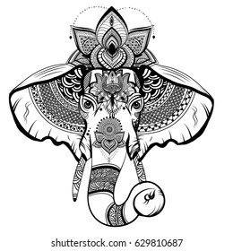Boho style elephant face  for t shirt design, print on products,tattoo, design element and adult or kids coloring book page. Vector illustration