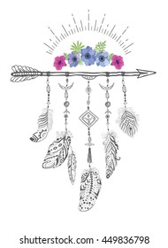 Boho Style with Ethnic Arrows and Feathers. American Indian Motifs for T-shirt and Card. Vector Ethnic Decoration with Flower.