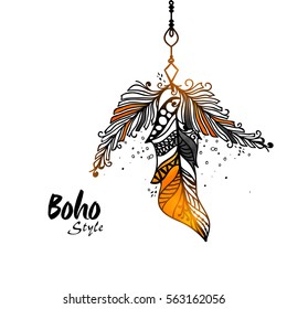 Boho style ethnic decorative Feathers. Creative hand drawn illustration. 