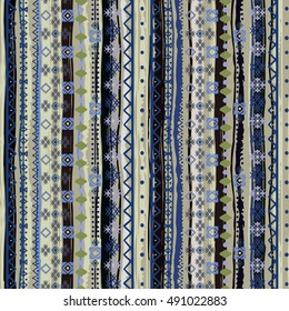 Boho style. Ethnic seamless pattern. Tribal art print. Old abstract background texture. Distressed. Lines, stripes, flowers, geometric shapes. Decoration. Vector design