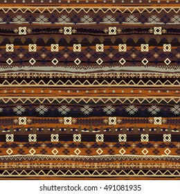 Boho style. Ethnic seamless pattern. Tribal art print. Old abstract background texture. Distressed. Lines, stripes, flowers, geometric shapes. Decoration
