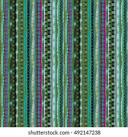 Boho style. Ethnic seamless pattern. Tribal art print. Old abstract background texture. Distressed. Lines, stripes, flowers, geometric shapes. Decoration. Vector design
