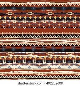 Boho style. Ethnic seamless pattern. Tribal art print. Old abstract background texture. Distressed. Lines, stripes, flowers, geometric shapes. Decoration. Vector design