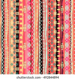 Boho style. Ethnic seamless pattern. Tribal art print. Old abstract background texture. Distressed. Lines, stripes, flowers, geometric shapes. Decoration. Vector design