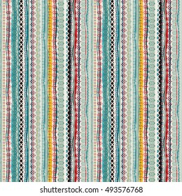 Estilo Boho. Patrón étnico sin fisuras. Impresión de arte tribal. Vieja textura de fondo rayado abstracto. Líneas, Rayas. Decoración. Diseño de Vector 