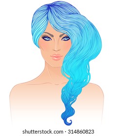 Boho style fashion girl with bright blue hair. Vector illustration.