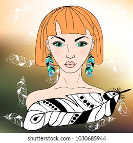 Boho style fashion girl with with red hair and green eyes on the background of falling feathers. Vector illustration.