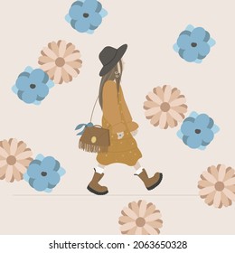 Boho style fashion outfit. Female model in bohemian look. Stylish woman wearing casual fashionable clothes with ethnic motives. Flat vector illustration isolated with flowers.
