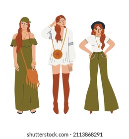 Boho style fashion outfit. Women in boho outfit. Boho-chic fashion set for young women. Bohemian style