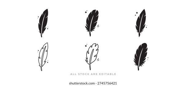 Boho style feather vector pack with silhouettes and outline icon collection  isolated background