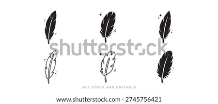 Boho style feather vector pack with silhouettes and outline icon collection  isolated background
