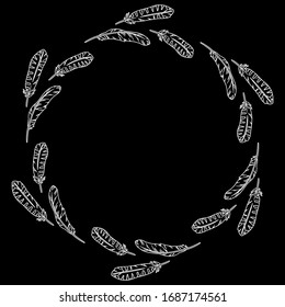 Boho style feather wreath circle composition on a chalkboard. Hand drawn comic style quills. Vector blackboard image. Isolated on black background