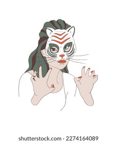 Boho style female portrait. Fashion illustration. Wild woman portrait. Woman with the head of a tiger. Tiger mask on a woman face. Tattoo. Art for print. Woman's power. Poster. Woman's portrait.