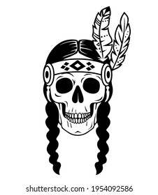 Boho style female skull. Tribal design. Native American vector illustration. Indian silhouette. Print for posters, card, tshirt.