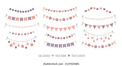 Boho style flag garland party decor set. Colorful hand drawn flag garland, pom pom hanging, festoon decoration. Cute hand drawn cartoon style vector illustration.