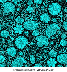 Boho style, floral and swirl patterns, black and blue. Seamless floral pattern-377.