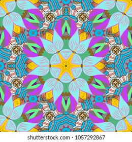 Boho style flower seamless pattern. Vector Mandala. Blue, gray, violet, green and neutral colors. Tiled mandala design, best for print fabric or papper and more.