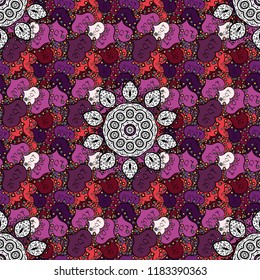 Boho style flower seamless pattern. Tiled mandala design, best for print fabric or papper and more. Black, purple and violet colors. Vector Mandala.