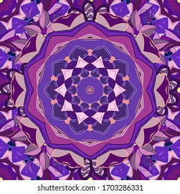 Boho style flower seamless pattern. Vector Mandala. Tiled mandala design, best for print fabric or papper and more. Neutral, purple and violet colors.