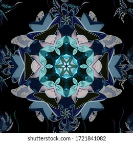Boho style flower seamless pattern. Vector Mandala. Tiled mandala design, best for print fabric or papper and more. Blue, black and gray colors.
