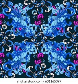 Boho style flower seamless pattern. Blue background. Tiled mandala design, best for print fabric or papper and more. Vector Mandala.