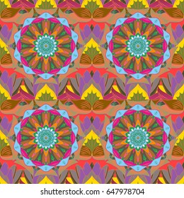Boho style flower seamless pattern. Tiled mandala design, best for print fabric or papper and more. Vector Mandala on colorful background.