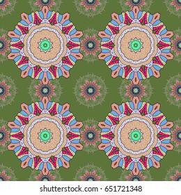 Boho style flower seamless pattern. Tiled mandala design, best for print fabric or papper and more. Vector Mandala. Background.