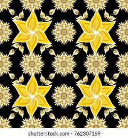 Boho style flower seamless pattern. Tiled mandala design, best for print fabric or papper and more. Vector Mandala. Black, yellow and white colors.
