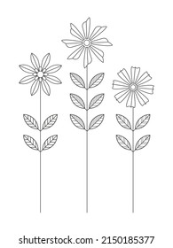 Boho style flowers with leaves set isolated on white. Contour vector illustration. Floral design element for print, background, banner or card.